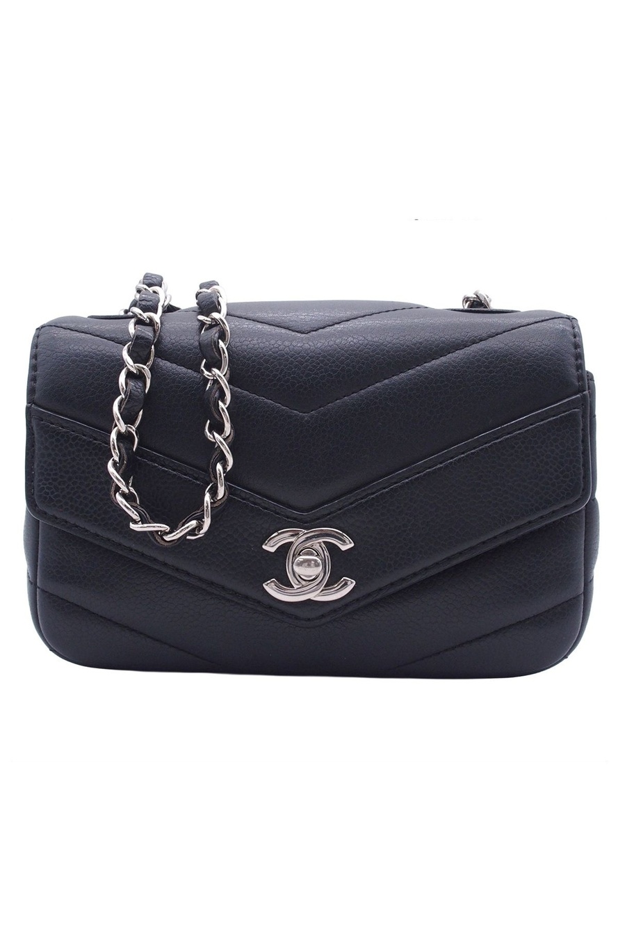 Chanel Chain Shoulder Bag Stitch CC Logo Navy Silver Caviar Leather